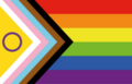 Intersex-inclusive Progress Pride Flag; left-to-right: yellow chevron with purple circle; white chevron; pink chevron; light-blue chevron; brown chevron; black chevron; top-to-bottom: red strip, orange strip, yellow strip, green strip, blue strip, purple strip